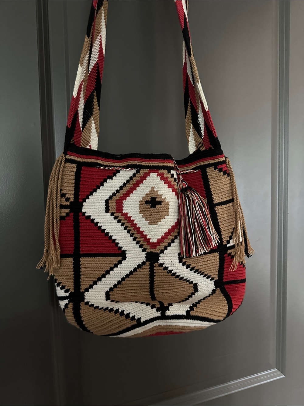 Handwoven Geometric Crossbody Bag in Red, Tan, Black, and White